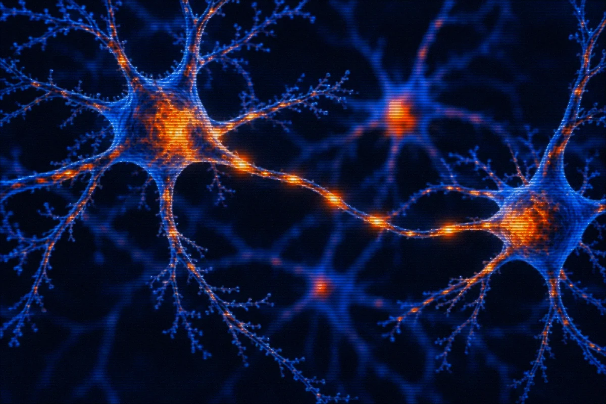 Neurons and their connections in blue and orange with an ASCII texture, a conceptual illustration.